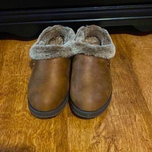 Pair of brown, memory foam Bobs from sketchers with soft fuzzy insoles.